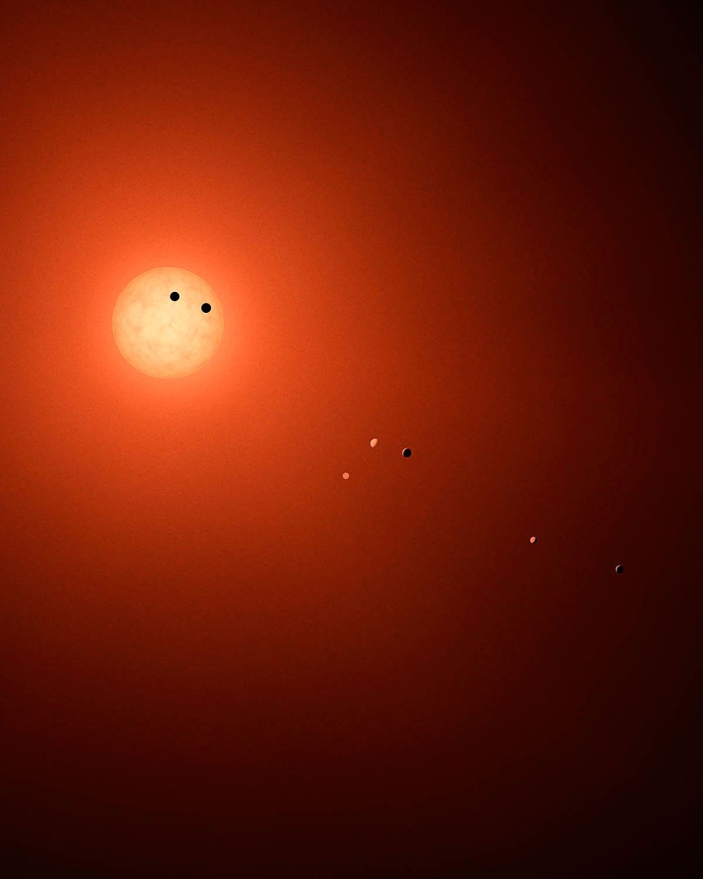 This illustration shows the seven TRAPPIST-1 planets as they might look as viewed from Earth using a fictional, incredibly powerful telescope. The sizes and relative positions are correctly to scale