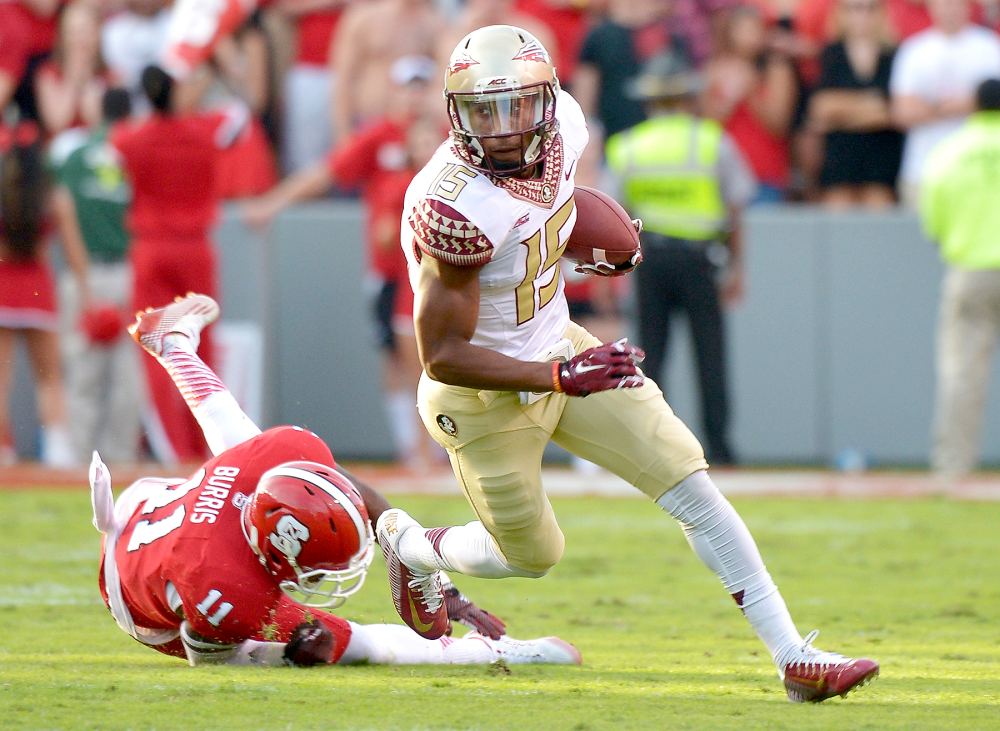 Travis Rudolph, No. 15 for the Florida State Seminoles, during their game against the North Carolina State Wolfpack at Carter-Finley Stadium on Sept. 27, 2014, in Raleigh, NC.