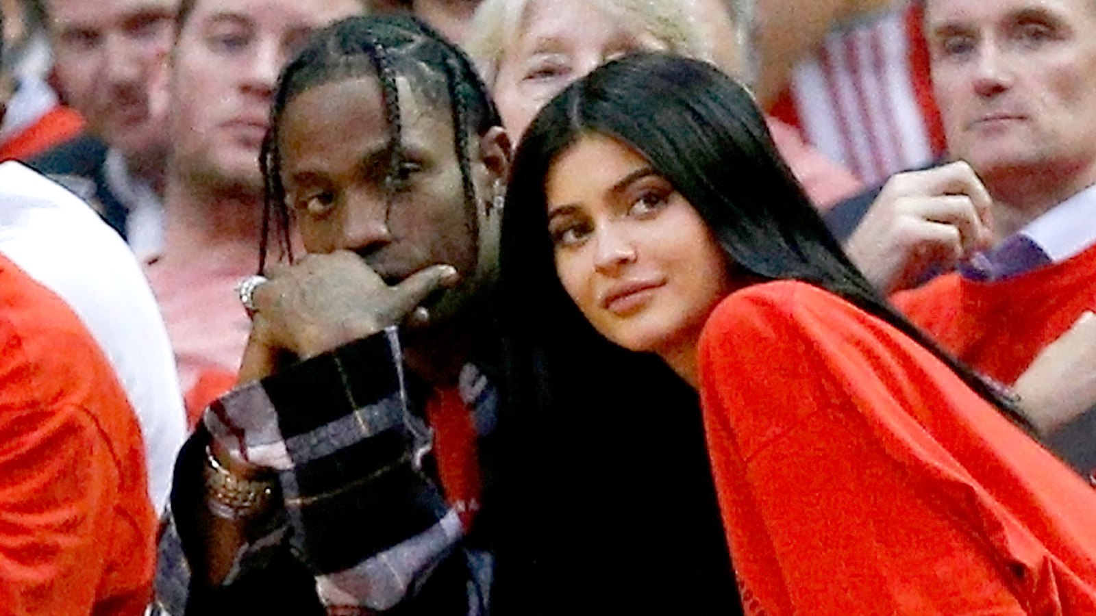 Travis Scott and Kylie Jenner watch courtside during Game Five of the Western Conference Quarterfinals game of the 2017 NBA Playoffs at Toyota Center on April 25, 2017 in Houston, Texas.