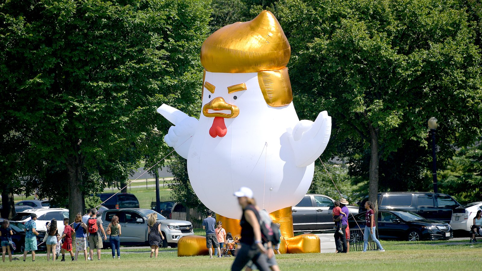 An inflatable chicken mimicking President Donald Trump is set up on the Ellipse in Washington, D.C., on August 9, 2017.