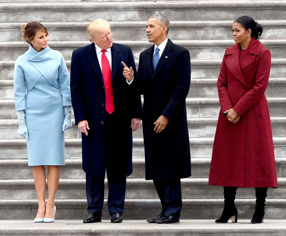 First Lady Melania Trump, President Donald Trump, former president Barack Obama and Michelle Obama stand on the steps on the east side of the United States Capitol after the inauguration ceremony on January 20, 2017, in Washington, DC.
