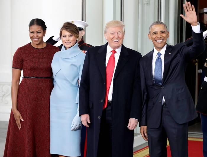 Barack Obama and Michelle Obama greets Donald Trump and his wife Melania Trump at the White House in Washington, Friday, Jan. 20, 2017.