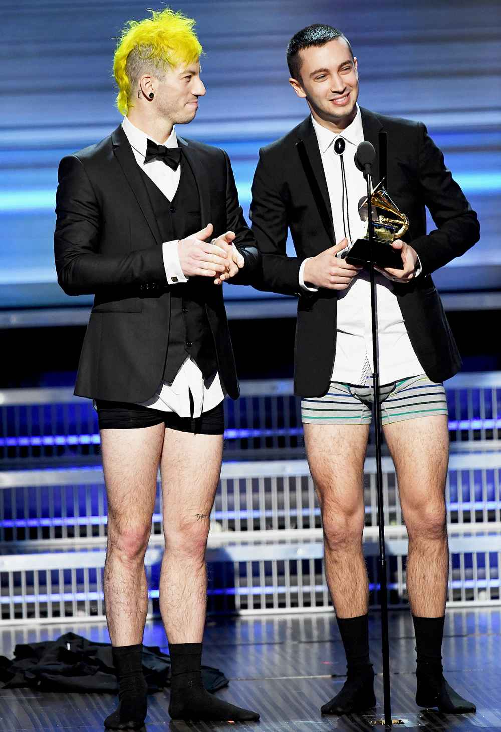 Josh Dun (L) and Tyler Joseph of music group Twenty One Pilots accept the Best Pop Duo/Group Performance award for 'Stressed Out' onstage during The 59th GRAMMY Awards at STAPLES Center on February 12, 2017 in Los Angeles, California.