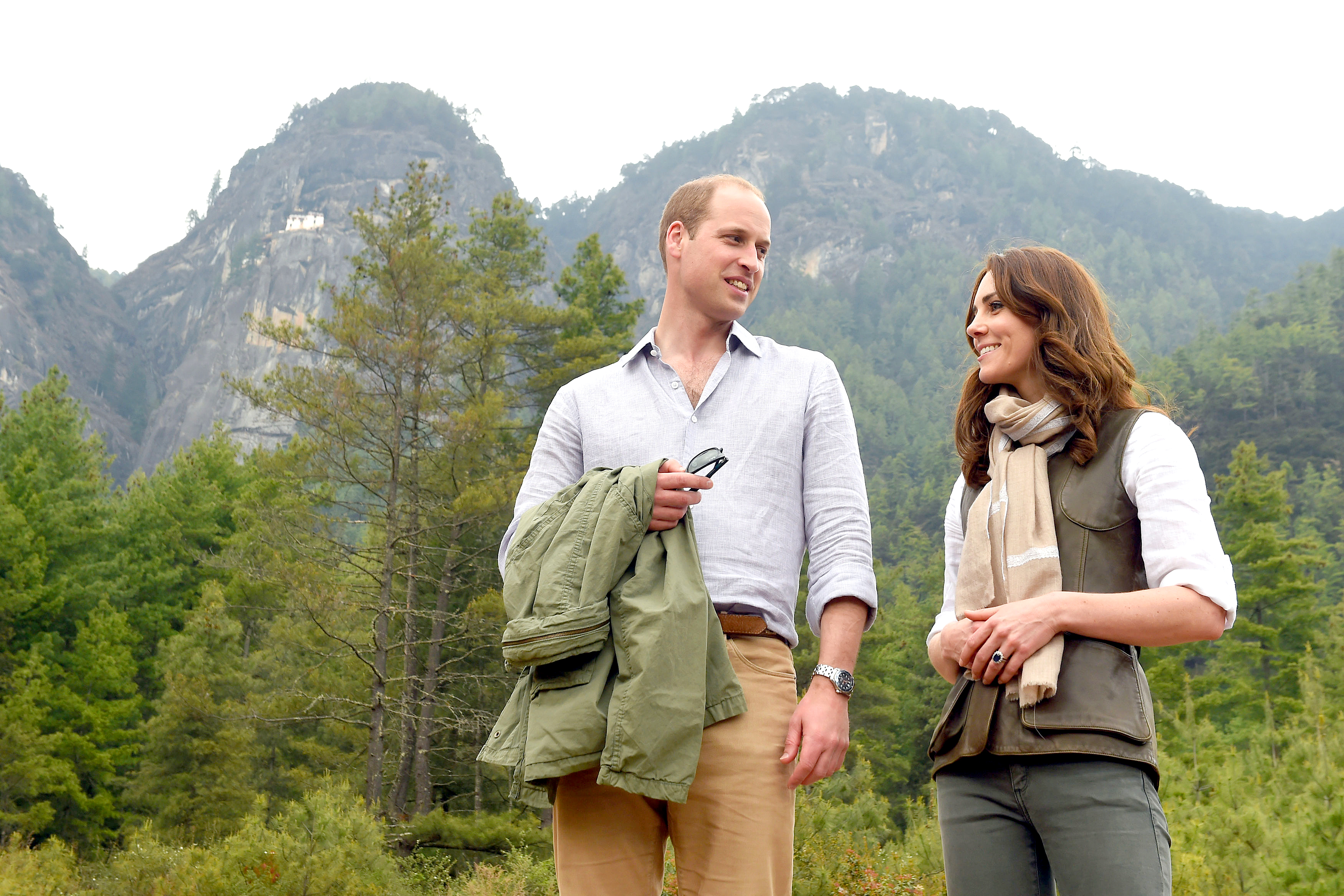 Catherine, Duchess of Cambridge and Prince William, Duke of Cambridge after their trek to the Tiger's Nest Monastery during a visit to Bhutan on the 15th April 2016 in Thimphu, Bhutan.