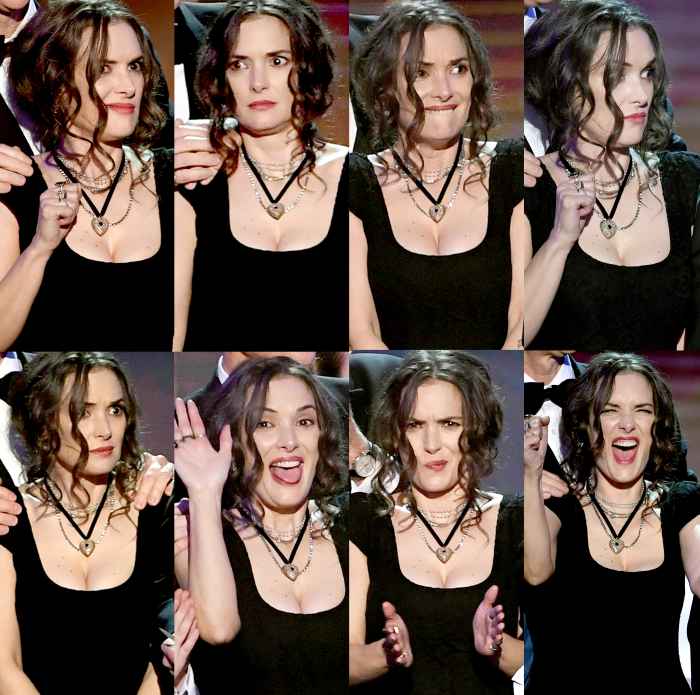 Winona Ryder's facial expressions as she reacts to actor David Harbour's acceptance speech as their Netflix series 'Stranger Things' wins the Outstanding Performance by an Ensemble in a Drama Series onstage during The 23rd Annual Screen Actors Guild Awards at The Shrine Auditorium on January 29, 2017 in Los Angeles, California.
